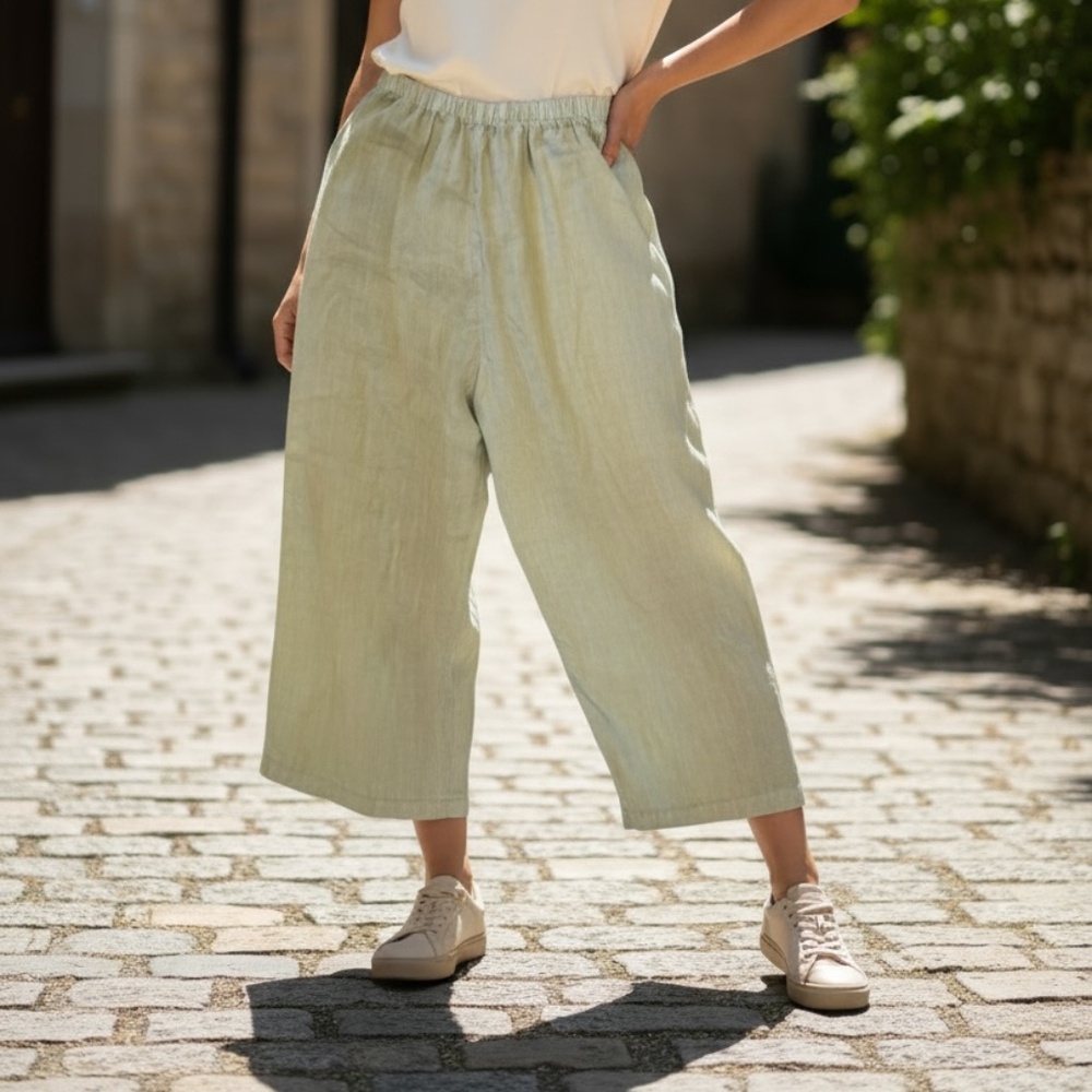 Size S 100% Linen Crop Pants Black Made In USA Elastic Waist Pull On